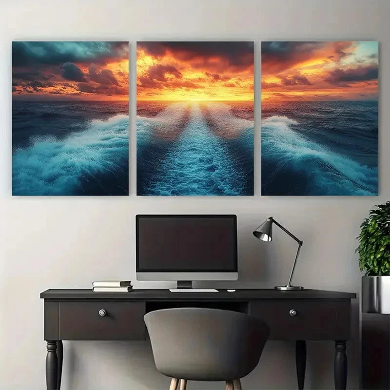 3pcs Fantasy Sea Tracks with Sunset Illustration Metal Print Ready to Hang Art