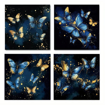 4pcsElegant Blue & Golden ButterflyWall Art Canvas Framed