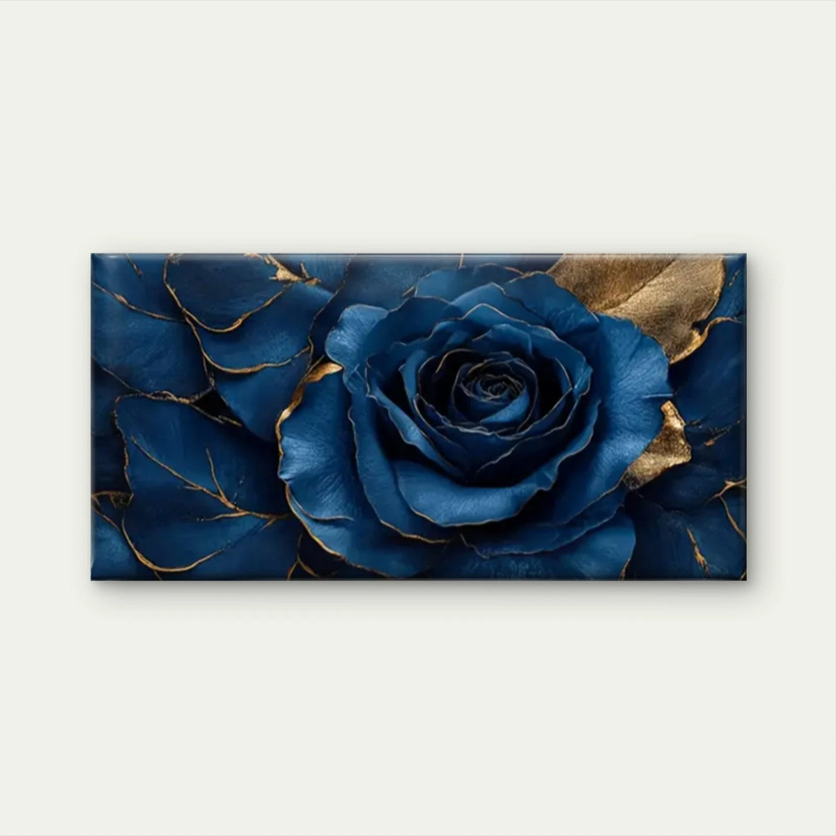 Blue Roses Golden Leaf Wall Art Canvas Office Home Room Framed 120x60cm