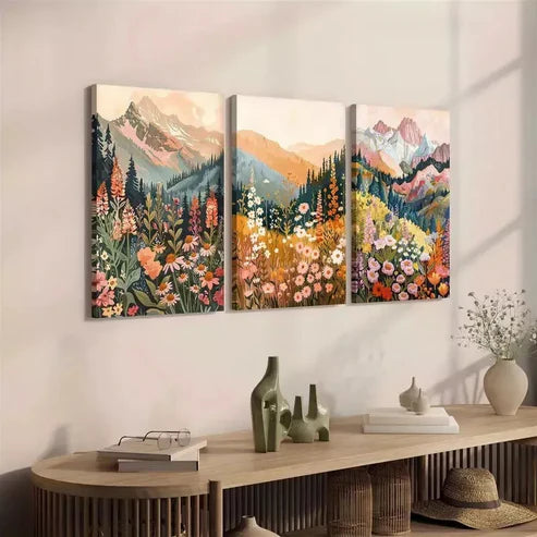 3pcs Floral & Forest Mountain with Wildflowers Canvas Framed 60x90 cm - High Quality Print 100% Australian Made Wall Canvas Ready to Hang