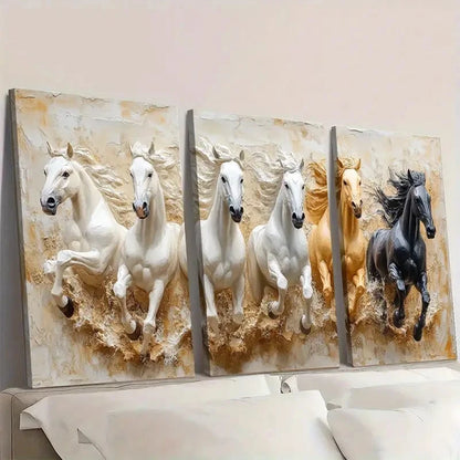 3pcs Seven Lucky Running Wild Horses U Wall Art Set Canvas Framed 60x90cm - High Quality Print 100% Australian Made Wall Canvas Ready to Hang