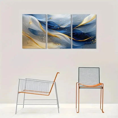 3pcs Ocean Waves in Blue Golden and White Metal Print Ready to Hang Art