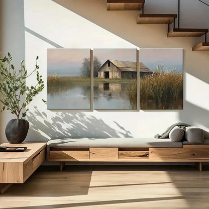 3pcs Vintage Barn Reflection Serene Landscape Metal Print Ready to Hang Art