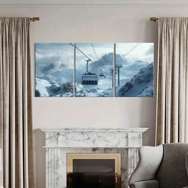 3pcs Alpine Ski Lift Snowy Mountains Landscape Metal Print Ready to Hang Art