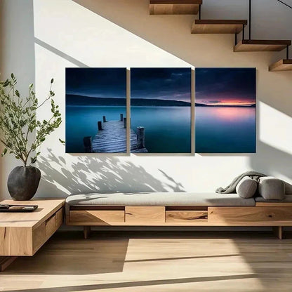 3pcs Sunset Lake & Mountain Pier View  Wall Art Set Canvas Framed 40x60cm - High Quality Print 100% Australian Made Wall Canvas Ready to Hang
