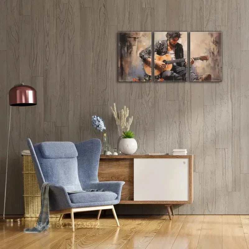 3pcs Street Musician Playing Guitar Prints Metal Print Ready to Hang Art