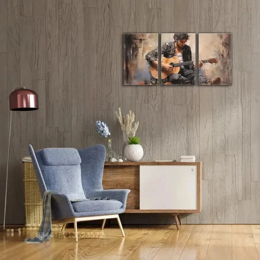 3pcs Street Musician Playing Guitar Prints Metal Print Ready to Hang Art