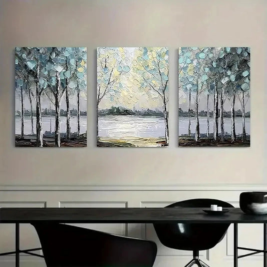 3pcs Abstract Trees with Light Blue Leaves Metal Print Ready to Hang Art