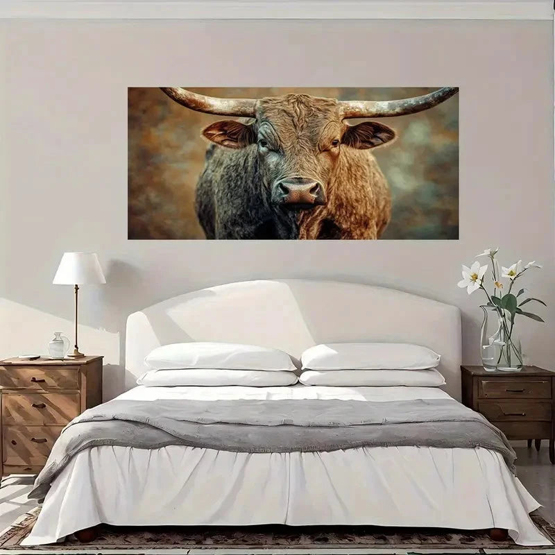 Longhorn Bull Portrait Modern Wall Art Canvas Office Home Room Framed 120x60cm