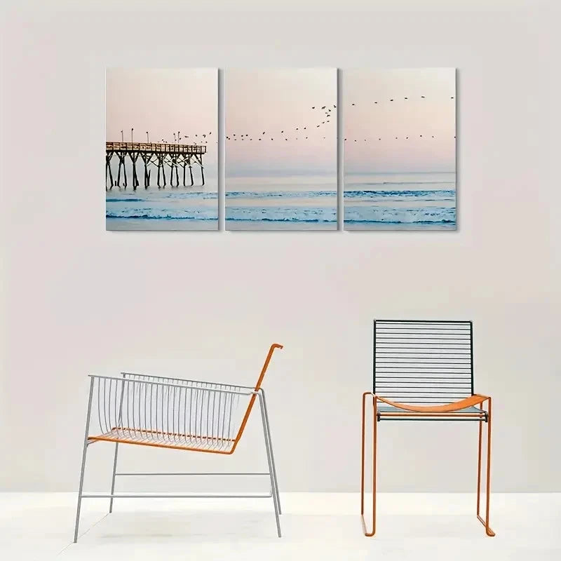 3pcs Coastal Birds Flying Over Beach Scene Metal Print Ready to Hang Art