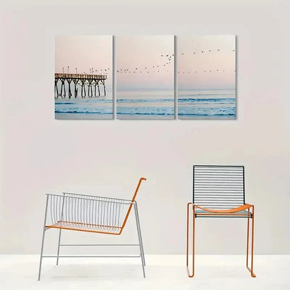 3pcs Coastal Birds Flying Over Beach Scene Metal Print Ready to Hang Art
