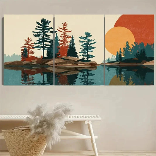 3pcs Red Pine Trees & Sunset Reflection Wall Art Metal Print Ready to Hang Art