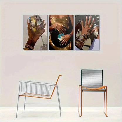 3pcs Golden Elegance Themed Elegant Metal Print Ready to Hang Art