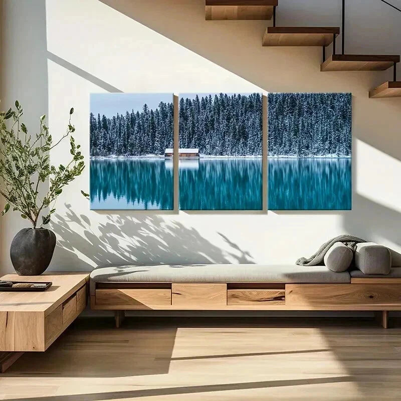 3pcs Snow Cabin Lake Forest Modern Wall Art Set Canvas Framed 40x60cm - High Quality Print 100% Australian Made Wall Canvas Ready to Hang
