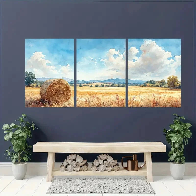 3pcs Rustic Watercolor Haystacks Art Print Metal Print Ready to Hang Art