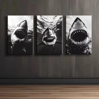 3pcs Great White Shark Illustration Metal Print Ready to Hang Art