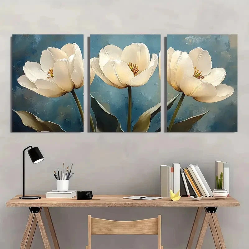 3pcs White Tulips Floral Watercolor Art Prints Metal Print Ready to Hang Art