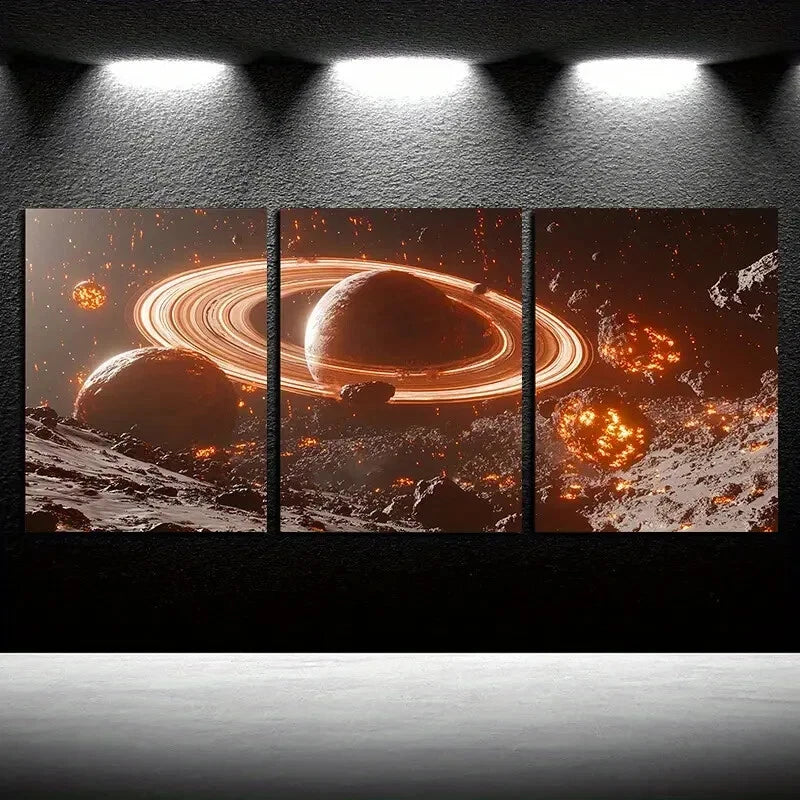 3pcs Vibrant Space Planets Theme Illustration Metal Print Ready to Hang Art