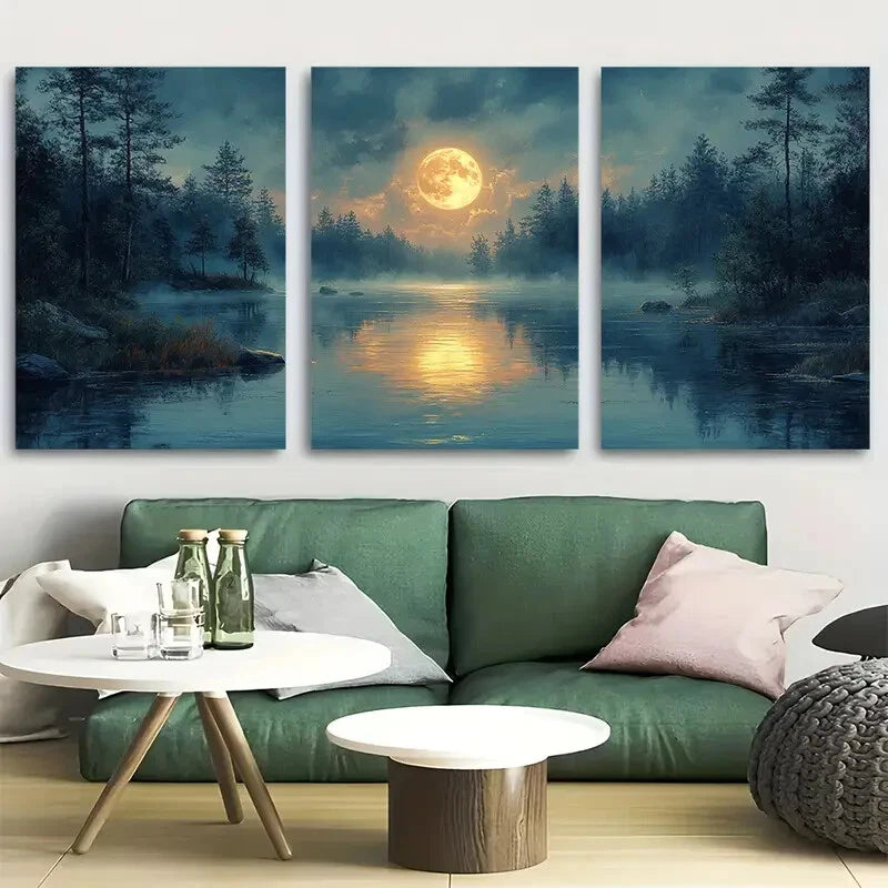3pcs Moon Over a Calm Stream At Night Metal Print Ready to Hang Art