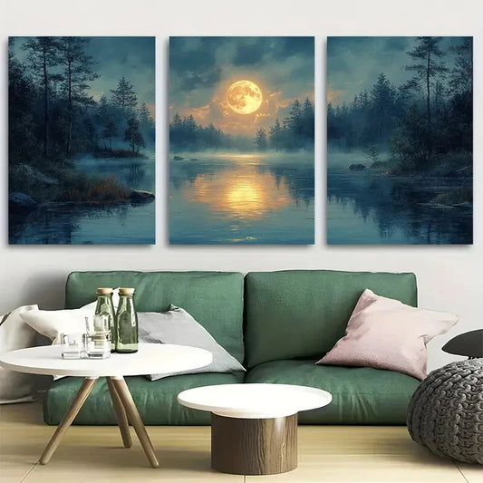 3pcs Moon Over a Calm Stream At Night Metal Print Ready to Hang Art