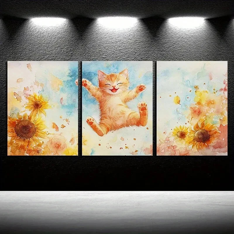 3pcs The Cat Is Playing in The Sunflower Field Metal Print Ready to Hang Art