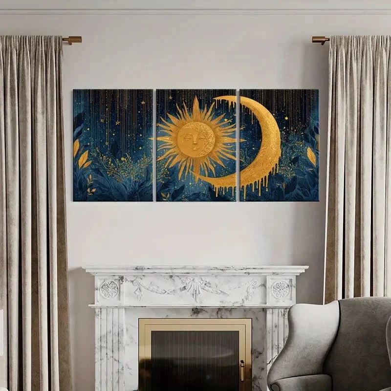 3pcs Sun Moon Celestial Art Golden Radiance Metal Print Ready to Hang Art