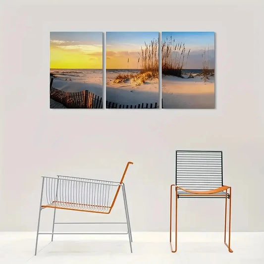 3pcs Beach Sunset Fence Grasses Metal Print Ready to Hang Art