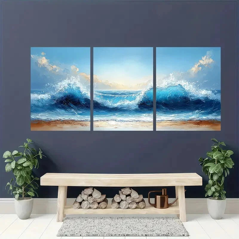 3pcs Vibrant Blue Sea Waves Abstract Beach Scene Metal Print Ready to Hang Art