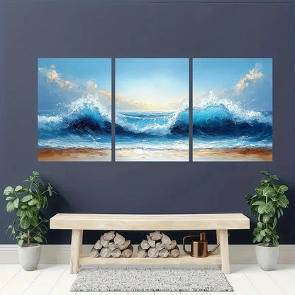 3pcs Vibrant Blue Sea Waves Abstract Beach Scene Metal Print Ready to Hang Art