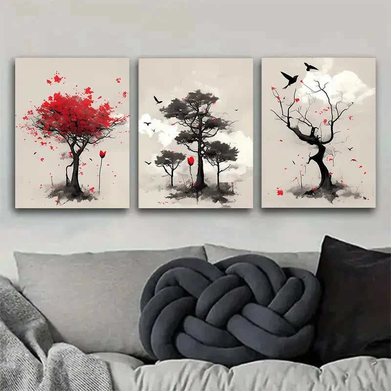 3pcs Vibrant Asian Red Ink Tree Landscape Metal Print Ready to Hang Art