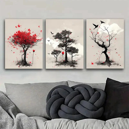 3pcs Vibrant Asian Red Ink Tree Landscape Metal Print Ready to Hang Art