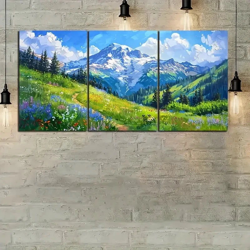 3pcs Snow-Capped Peaks & Wildflowers Painting Metal Print Ready to Hang Art