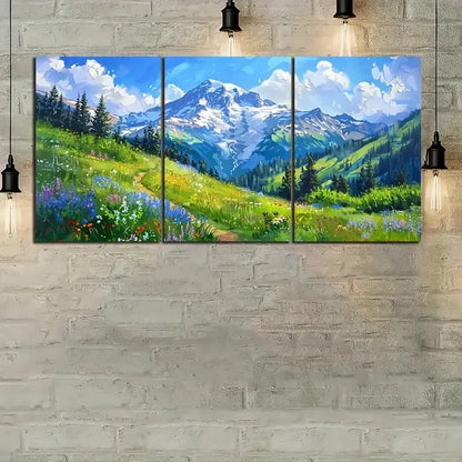 3pcs Snow-Capped Peaks & Wildflowers Painting Metal Print Ready to Hang Art