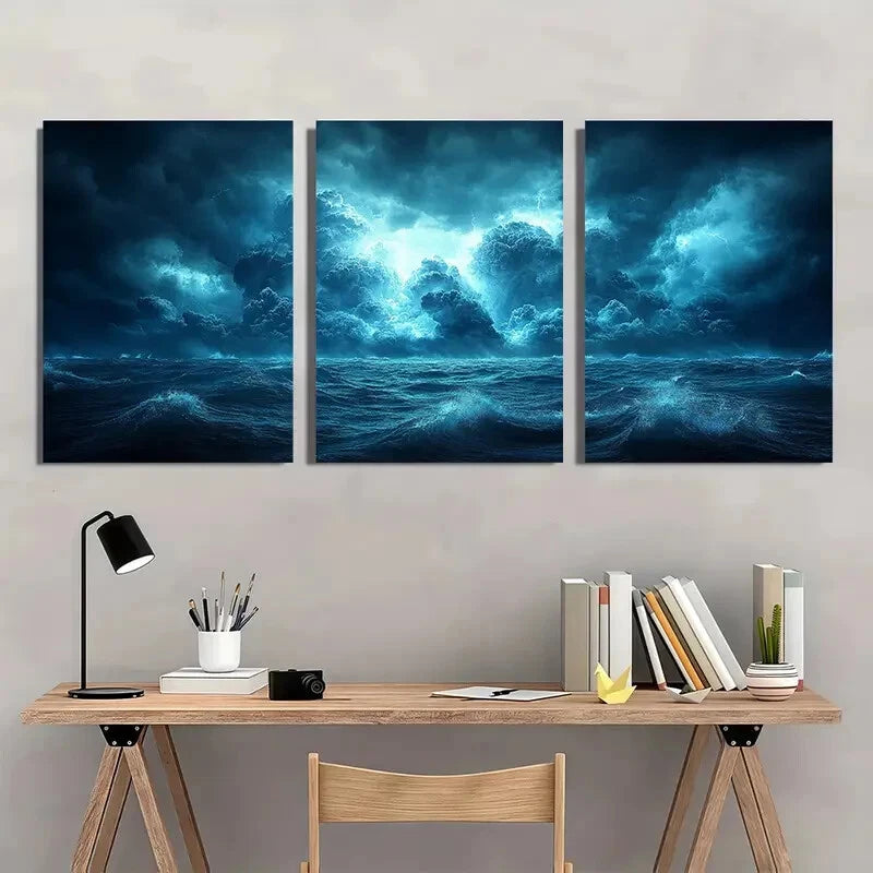 3pcs Dark Indigo & Stormy Gray Sky Ocean Waves Metal Print Ready to Hang Art