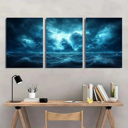 3pcs Dark Indigo & Stormy Gray Sky Ocean Waves Metal Print Ready to Hang Art