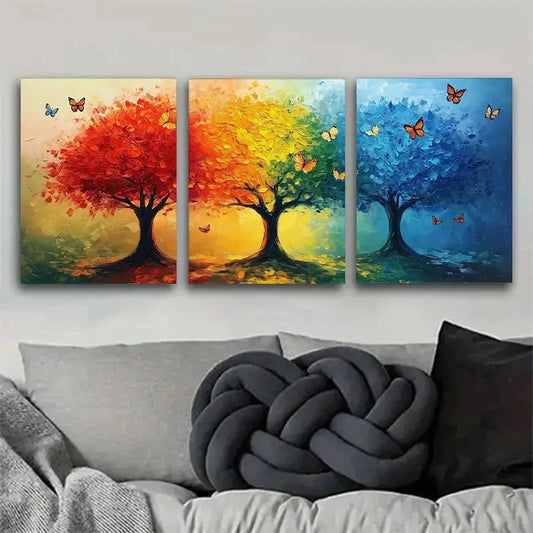 3pcs Rainbow Tree and Butterflies Art Renaissance Metal Print Ready to Hang Art