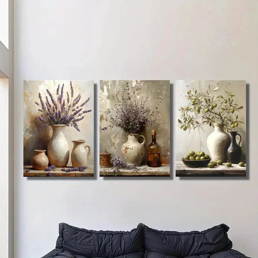 3pcs Featuring A Rustic Lavender Pottery Jar Metal Print Ready to Hang Art