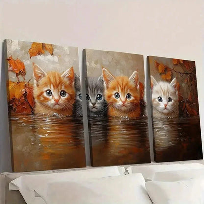3pcs Whimsical Adorable Kitten in Water Wall Art Set Canvas Framed 40x60cm - High Quality Print 100% Australian Made Wall Canvas Ready to Hang