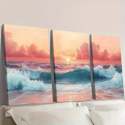 3pcs Tranquil Ocean Sunset Wall Art Set Canvas Unframed - High Quality Print 100% Australian Made Wall Canvas