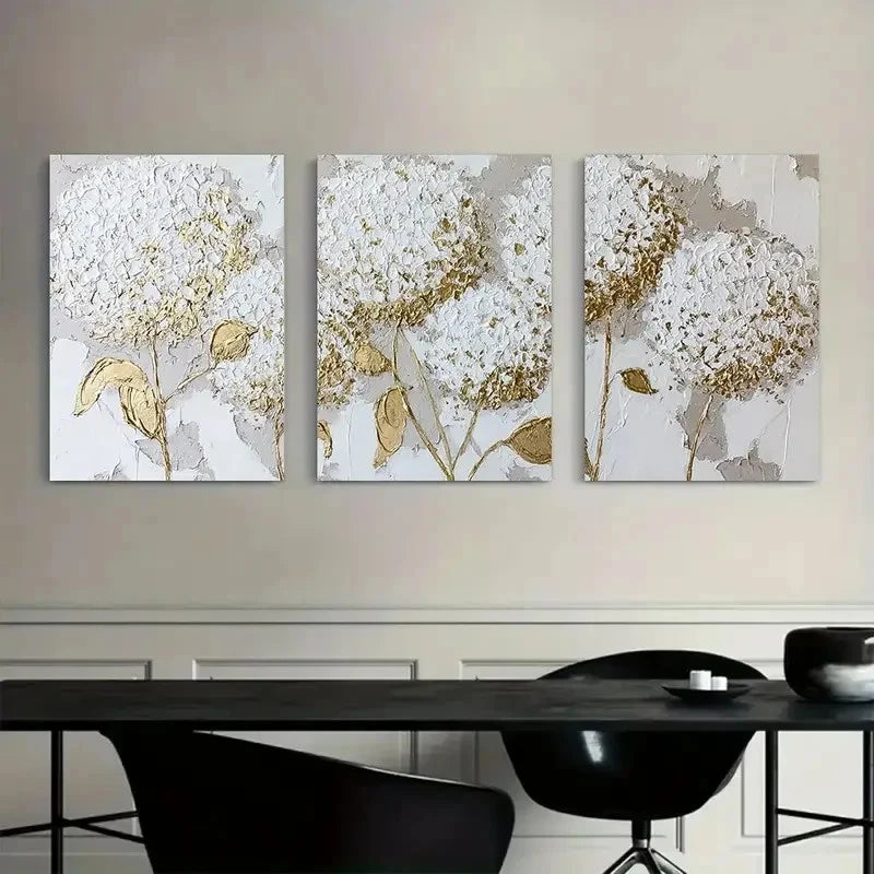 3pcs White Hydrangeas with Golden Accents Metal Print Ready to Hang Art