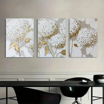 3pcs White Hydrangeas with Golden Accents Metal Print Ready to Hang Art