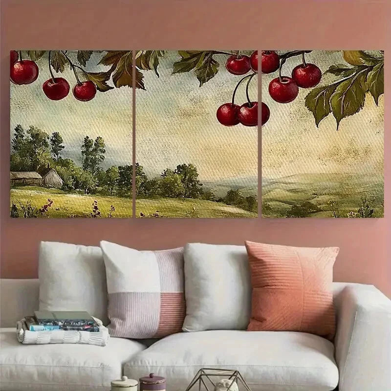 3pcs Cherries Rustic Landscape Farmhouse Metal Print Ready to Hang Art