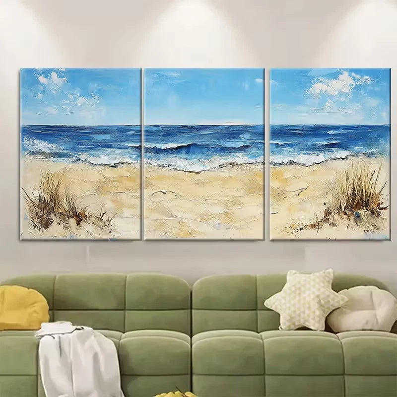 3pcs Minimalist Beach Oil Painting Metal Print Ready to Hang Art