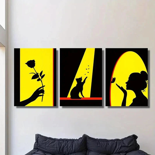 3pcs Ink Painting of Rose, Woman & Cat, Metal Print Ready to Hang Art