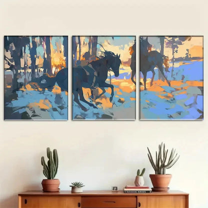 3pcs Abstract Running Horses in Forest Landscape Metal Print Ready to Hang Art