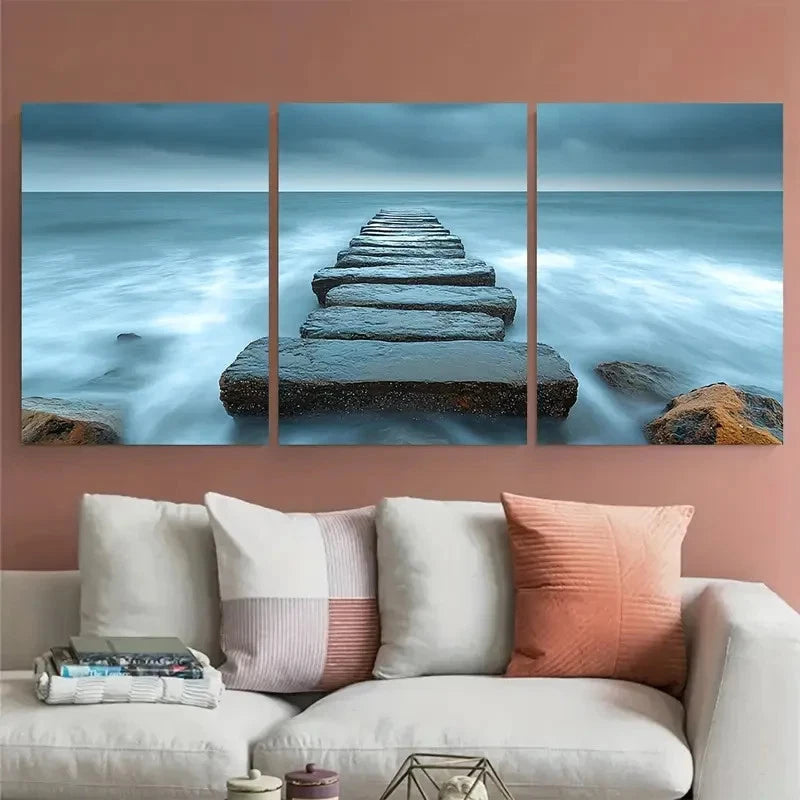 3pcs Coastal Seascape Rocky Sandy Pier Photography Metal Print Ready to Hang Art