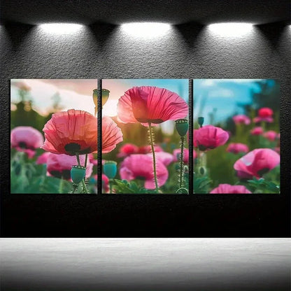 3pcs Vibrant Charming Cloudy Sky & Flower Fields Metal Print Ready to Hang Art