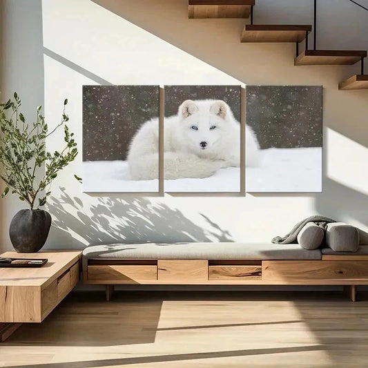 3pcs White Fox in Snow Portrait Decor Wall Art Set Canvas Framed 40x60cm - High Quality Print 100% Australian Made Wall Canvas Ready to Hang