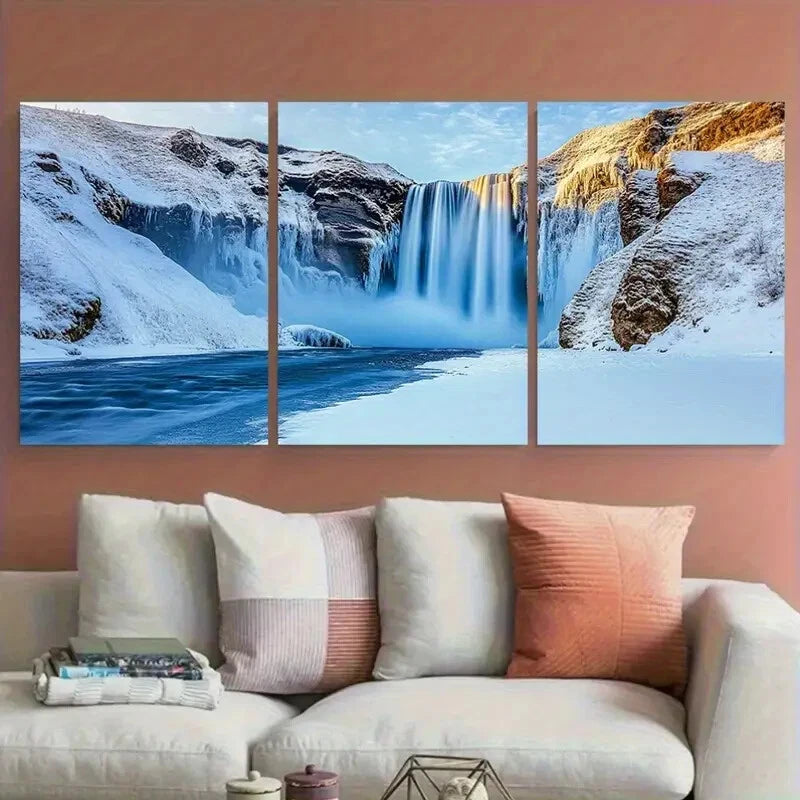 3pcs Skogafoss Icelandic Waterfall Winter Scene Metal Print Ready to Hang Art