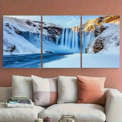 3pcs Skogafoss Icelandic Waterfall Winter Scene Metal Print Ready to Hang Art